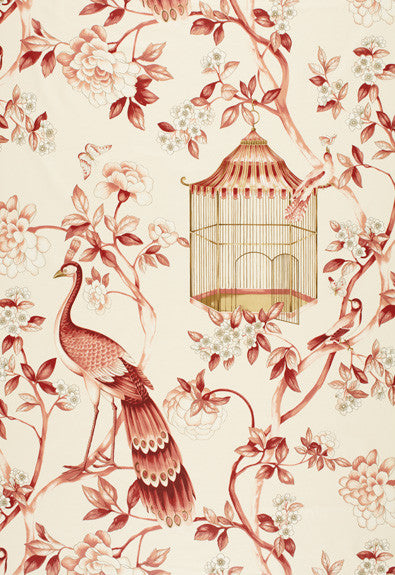 FSchumacher Fabric 173442 Oiseaux Et Fleurs Cinnabar