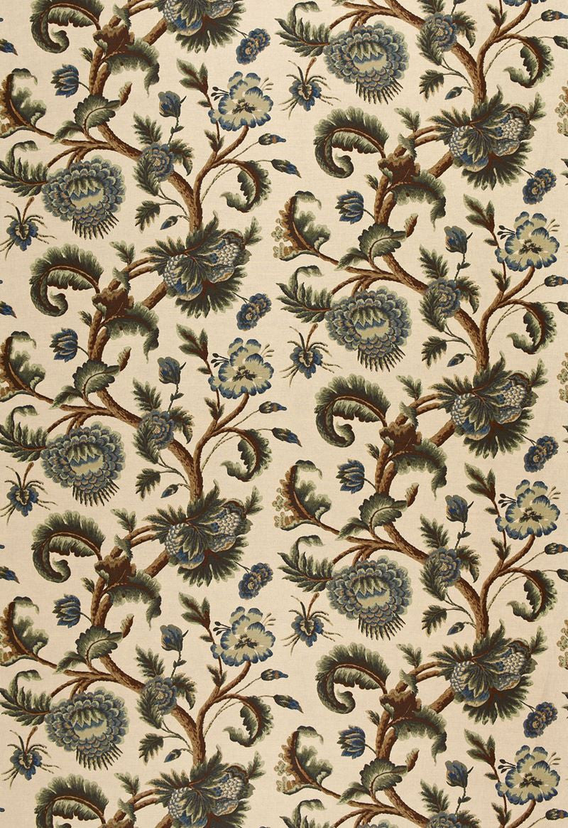 FSchumacher Fabric 2639314 Jacobean Printed Crewel Multi Blues Wood Tones
