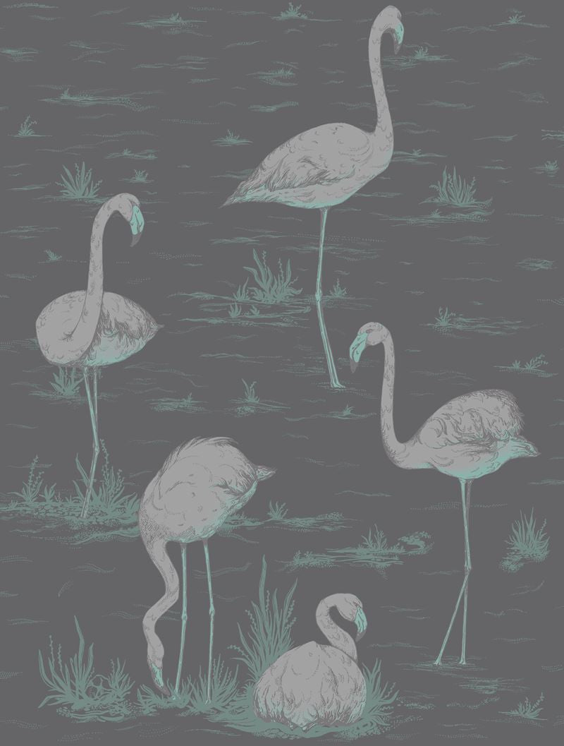 Cole & Son Wallpaper 95/8048.CS Flamingos Teal/Slvr/Bk