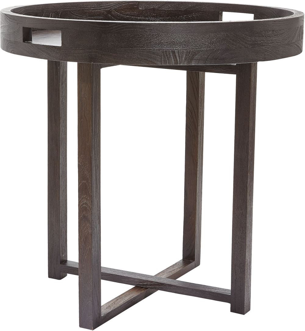 Large Round Black Teak Side Table Tray