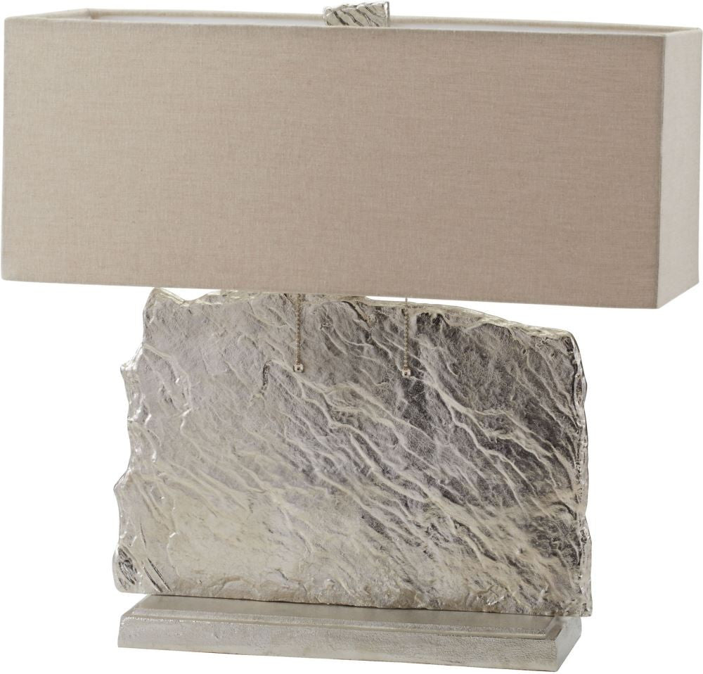 Slate Slab Table Lamp In Nickel With Natural Linen Shade