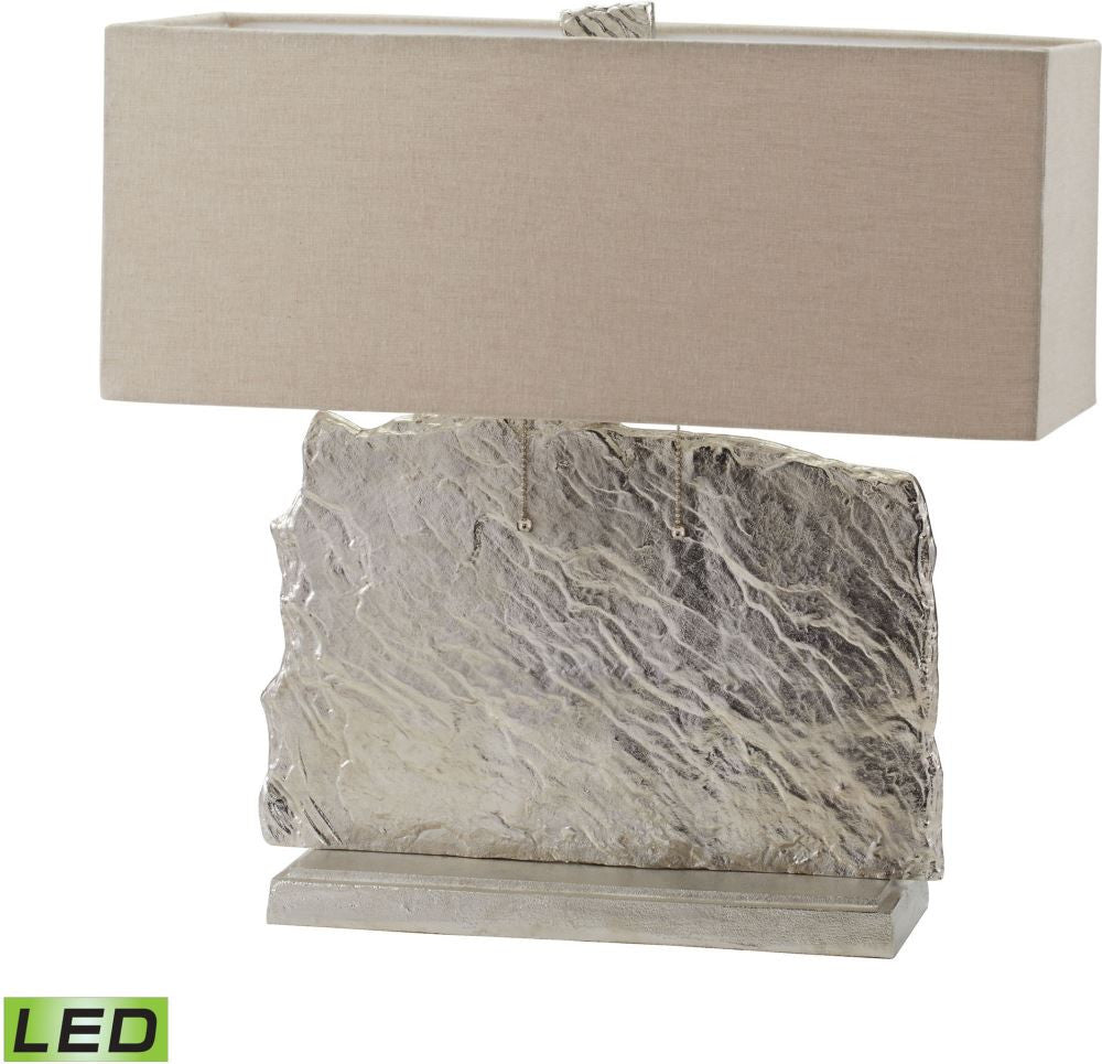 Slate Slab Led Table Lamp In Nickel With Natural Linen Shade