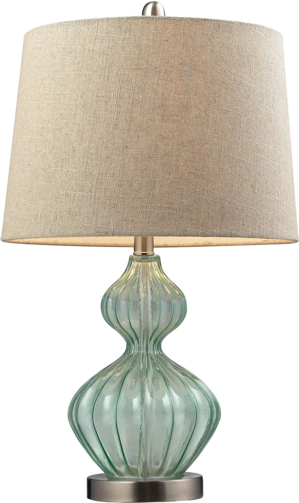 Smoked Glass Table Lamp In Pale Green With Metallic Linen Shade