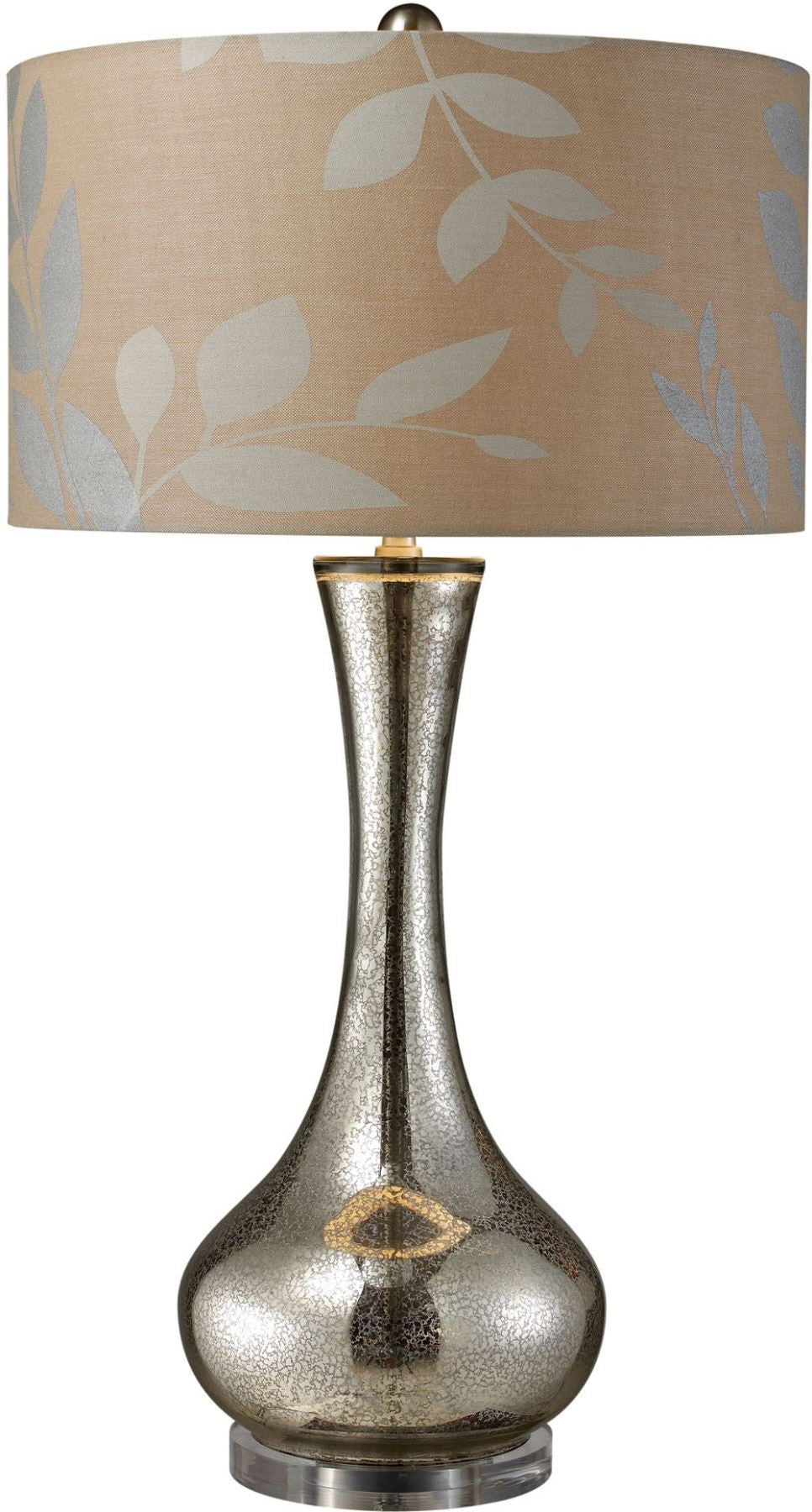 Orion Table Lamp In Antique Mercury Blown Glass With Metallic Print On Cream Linen Shade and Cream Fabric Liner