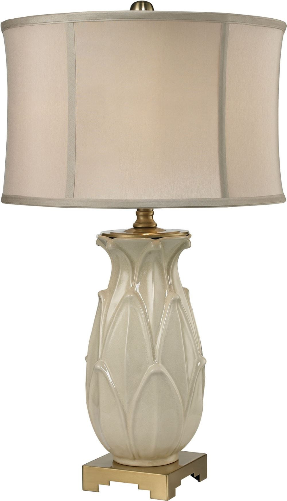 Ceramic Leaf Table Lamp In Cream Crackle and Antique Brass