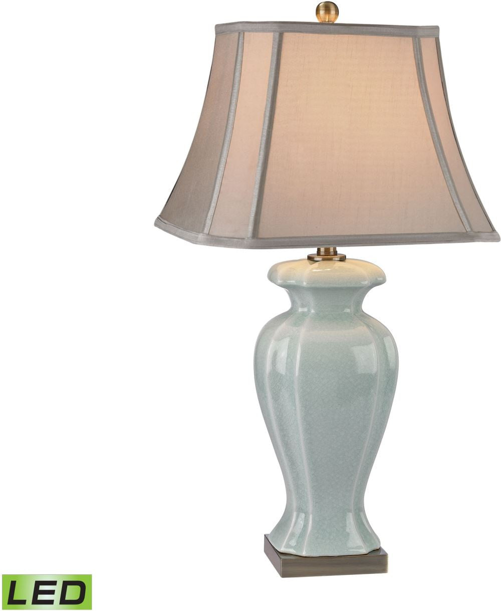 Celadon Led Table Lamp In Glazed Green Ceramic With Antique Brass Accents