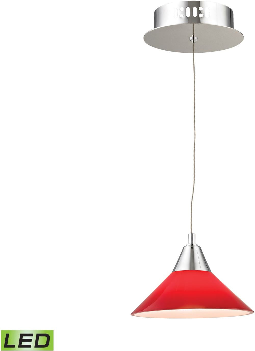 Cono 1 Light Led Pendant In Chrome With Red Glass