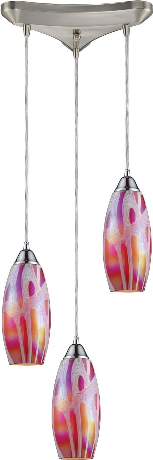 Iridescence 3 Light Pendant In Satin Nickel and Fuschia Glass