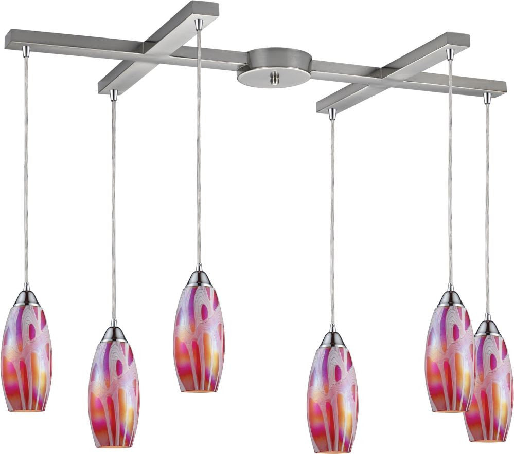 Iridescence 6 Light Pendant In Satin Nickel and Fuschia Glass