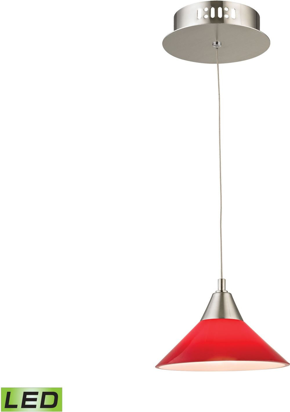 Cono 1 Light Led Pendant In Satin Nickel With Red Glass