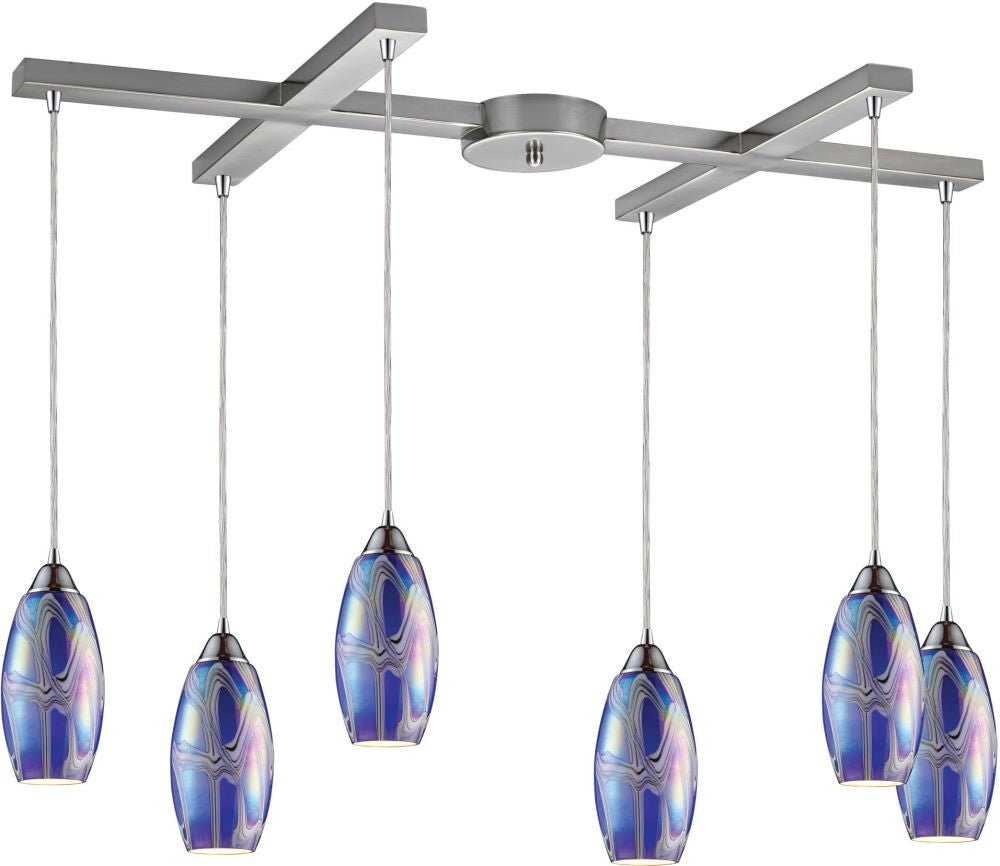 Iridescence 6 Light Pendant In Satin Nickel and Storm Blue Glass