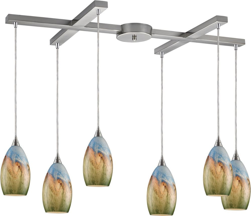 Geologic 6 Light Pendant In Satin Nickel and Multicolor Glass