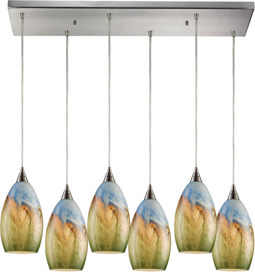 Geologic 6 Light Pendant In Satin Nickel and Multicolor Glass