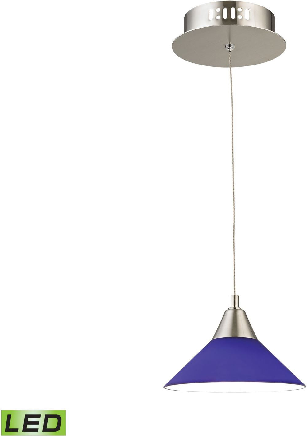 Cono 1 Light Led Pendant In Satin Nickel With Blue Glass