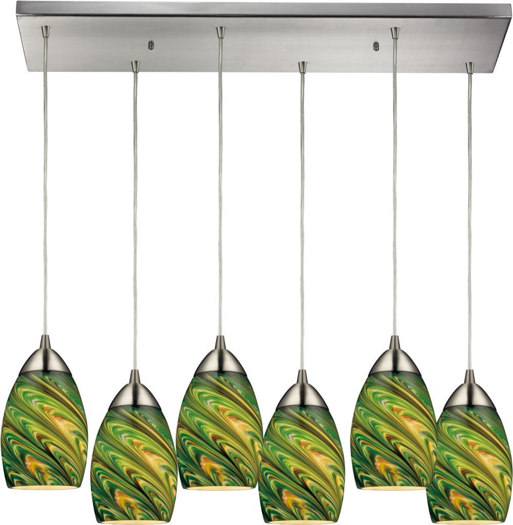 Mini Vortex 6 Light Pendant In Satin Nickel and Evergreen Glass