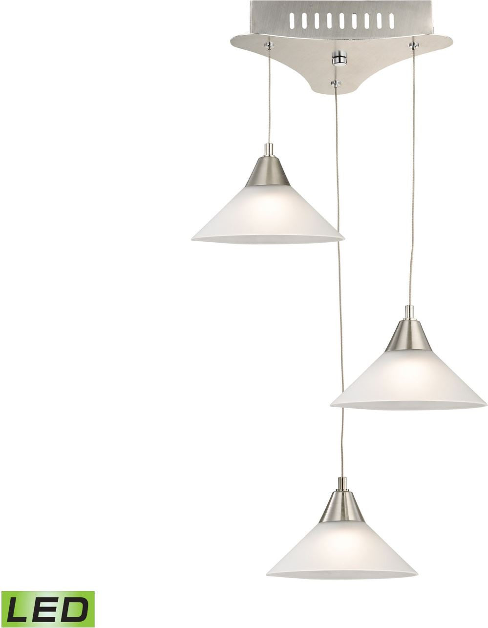 Cono 3 Light Led Pendant In Satin Nickel With White Glass
