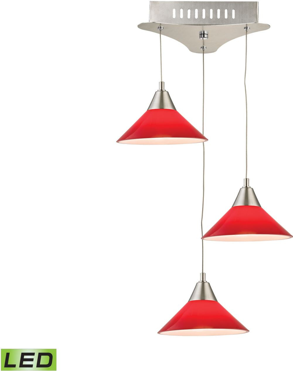 Cono 3 Light Led Pendant In Satin Nickel With Red Glass