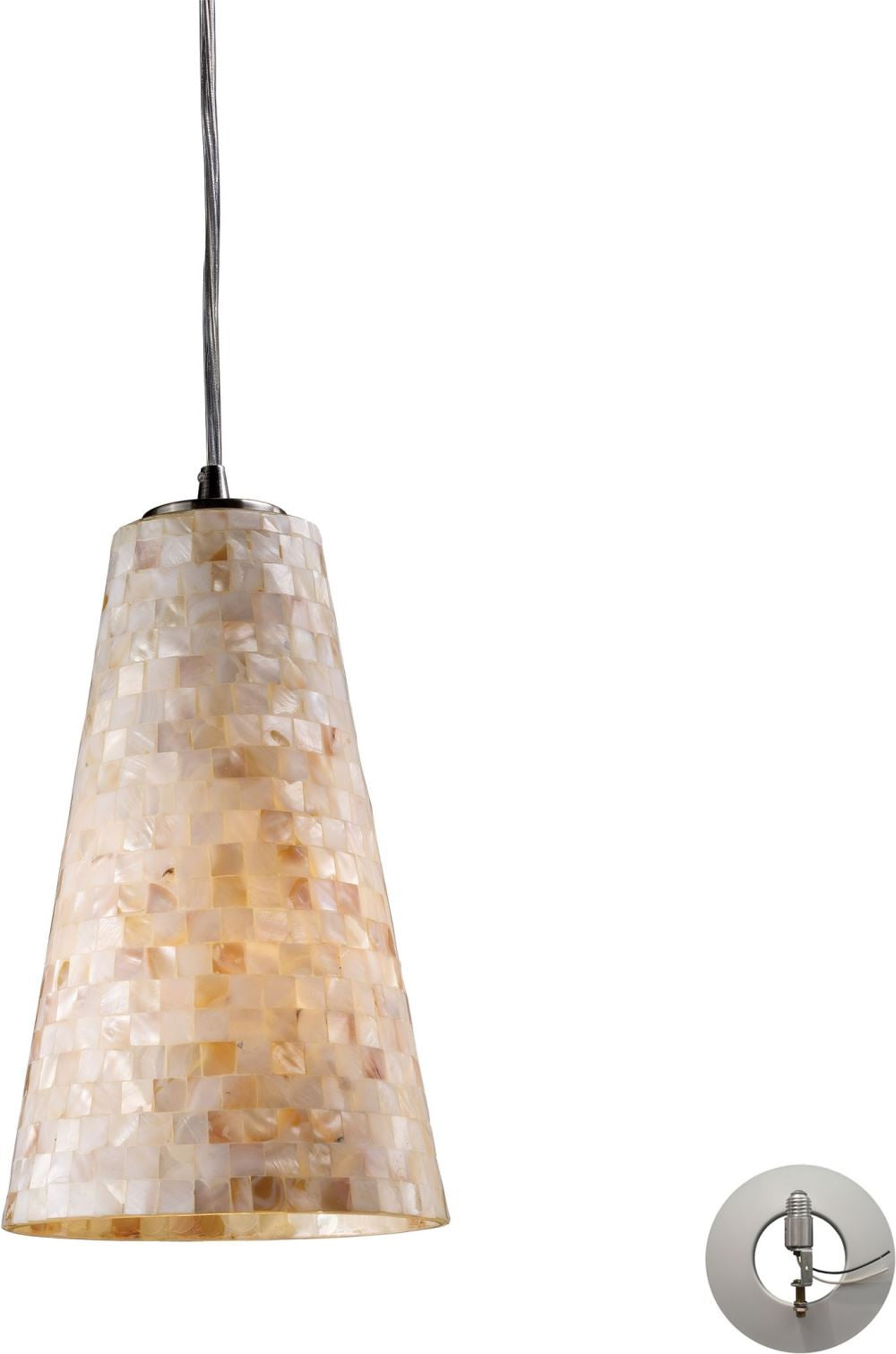Capri 1 Light Pendant In Satin Nickel and Capiz Shell - Includes Recessed Lighting Kit