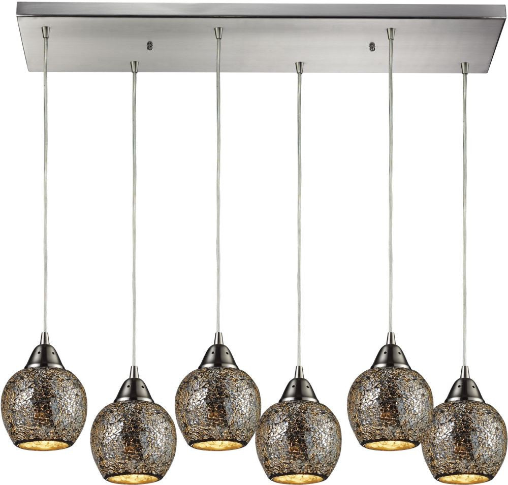 Fission 6 Light Pendant In Satin Nickel and Silver Glass