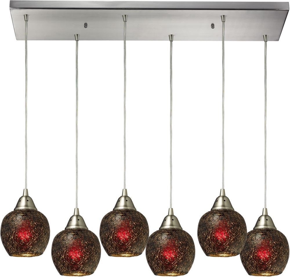 Fission 6 Light Pendant In Satin Nickel and Wine Glass