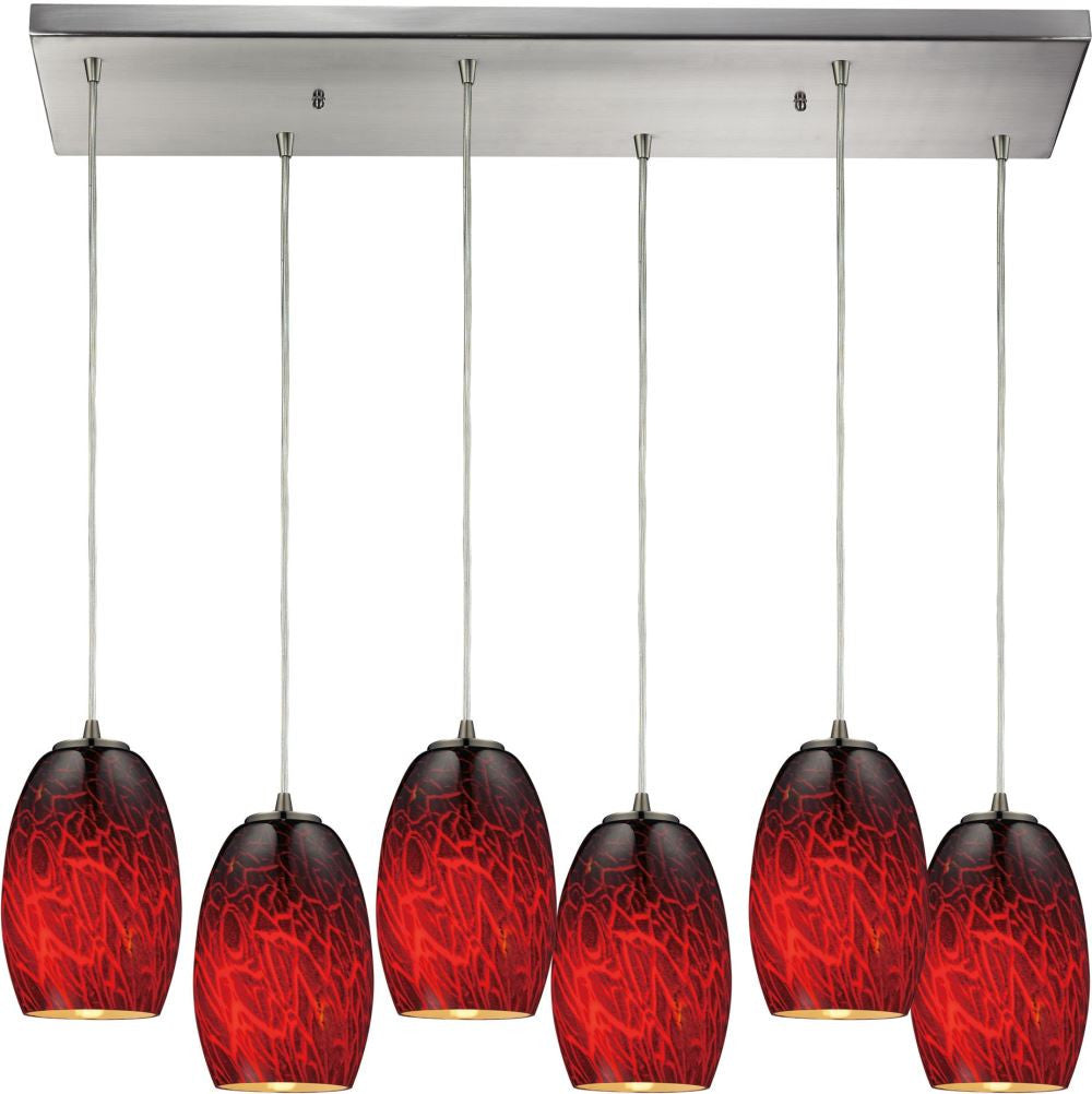 Maui 6 Light Pendant In Satin Nickel and Firebrick Glass