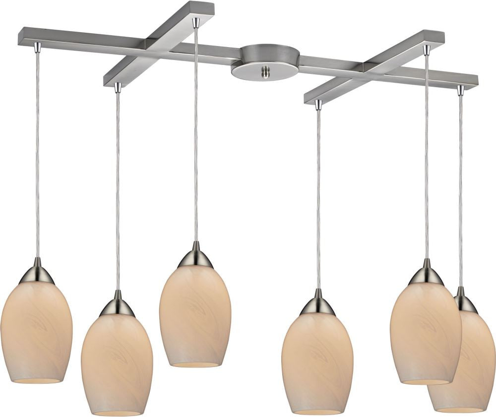 Favela 6 Light Pendant In Satin Nickel and Cocoa Glass