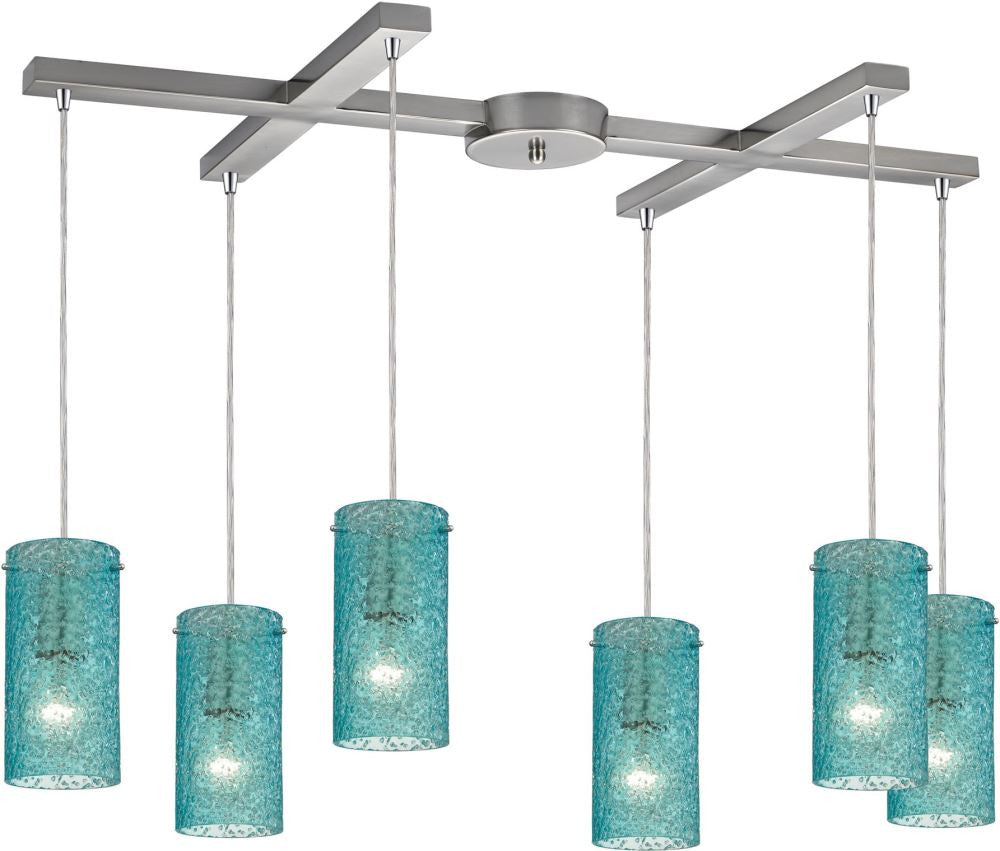Ice Fragments 6 Light Pendant In Satin Nickel and Aqua Glass