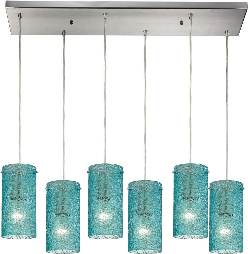 Ice Fragments 6 Light Pendant In Satin Nickel and Aqua Glass