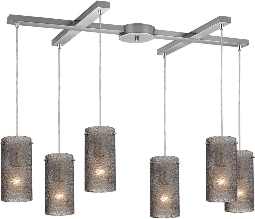 Ice Fragments 6 Light Pendant In Satin Nickel and Smoke Glass