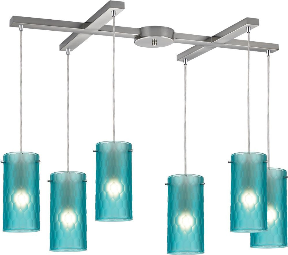 Synthesis 6 Light Pendant In Satin Nickel and Frosted Aqua Glass