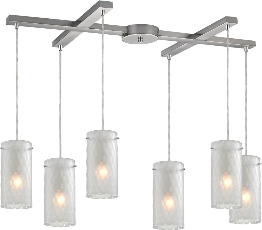Synthesis 6 Light Pendant In Satin Nickel and Frosted Clear Glass