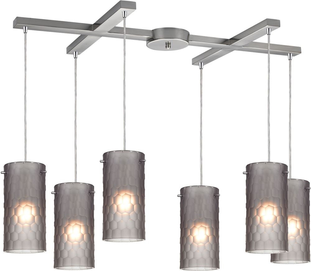 Synthesis 6 Light Pendant In Satin Nickel and Frosted Smoke Glass