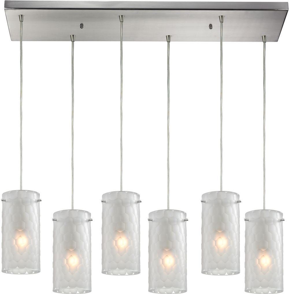 Synthesis 6 Light Pendant In Satin Nickel and Frosted Clear Glass