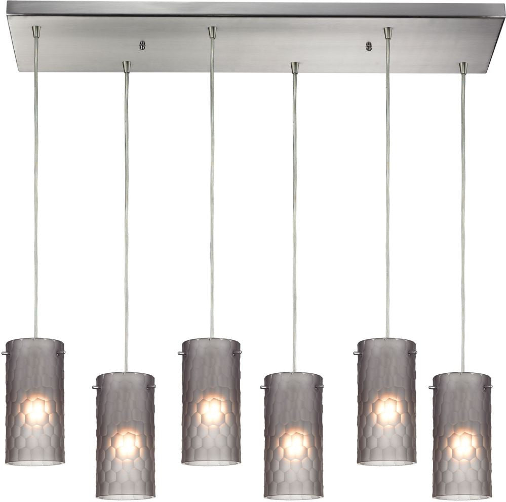 Synthesis 6 Light Pendant In Satin Nickel and Frosted Smoke Glass