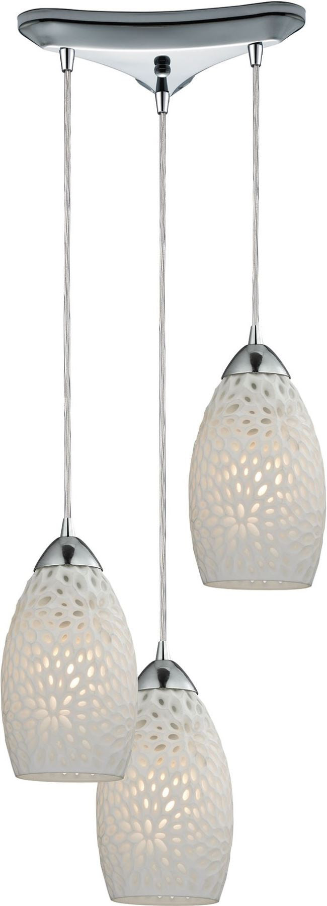 Etched Glass 3 Light Pendant In Polished Chrome and White Etched Glass