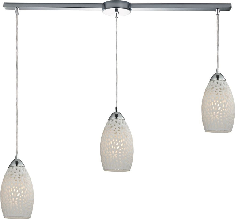 Etched Glass 3 Light Pendant In Polished Chrome and White Etched Glass