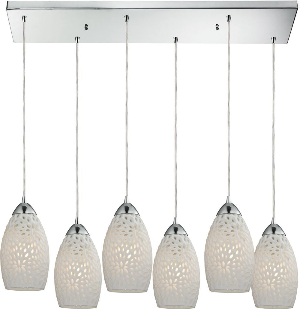 Etched Glass 6 Light Pendant In Polished Chrome and White Etched Glass