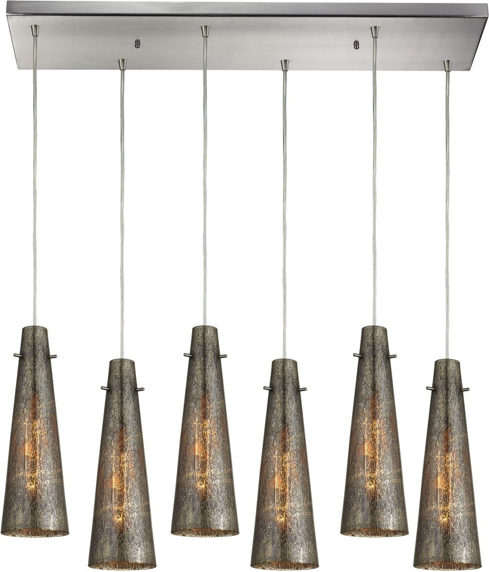 Rury 6 Light Pendant In Satin Nickel and Mercury Glass