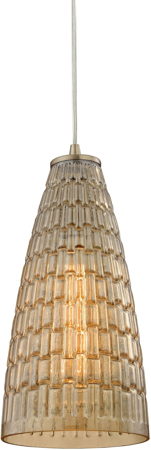 Mickley 1 Light Pendant In Satin Nickel and Amber Teak Glass
