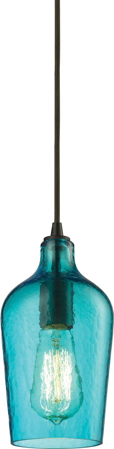 Hammered Glass 1 Light Pendant In Oil Rubbed Bronze and Aqua Glass