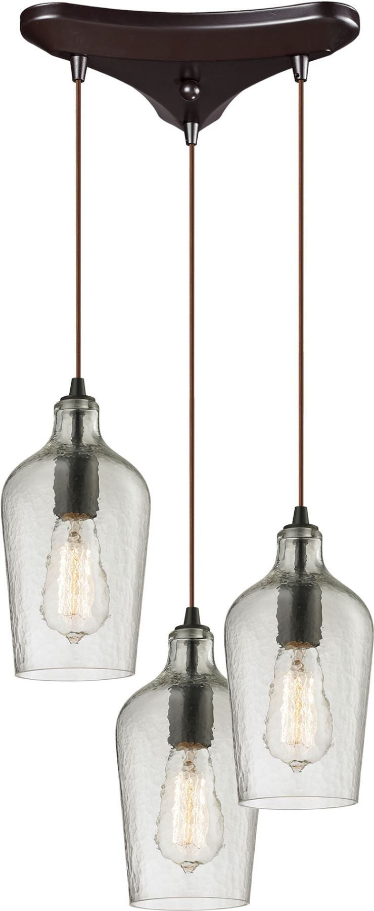 Hammered Glass 3 Light Pendant In Oil Rubbed Bronze and Clear Glass