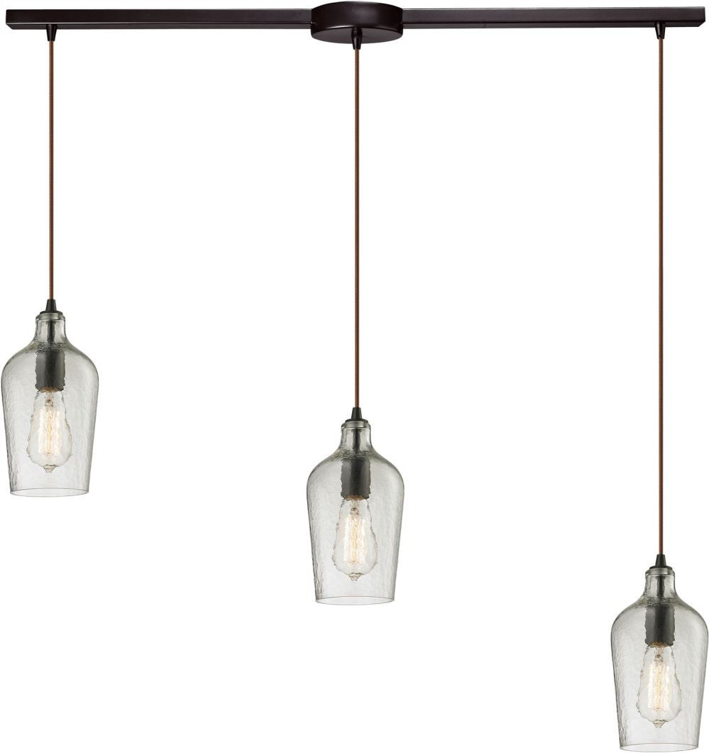Hammered Glass 3 Light Pendant In Oil Rubbed Bronze and Clear Glass