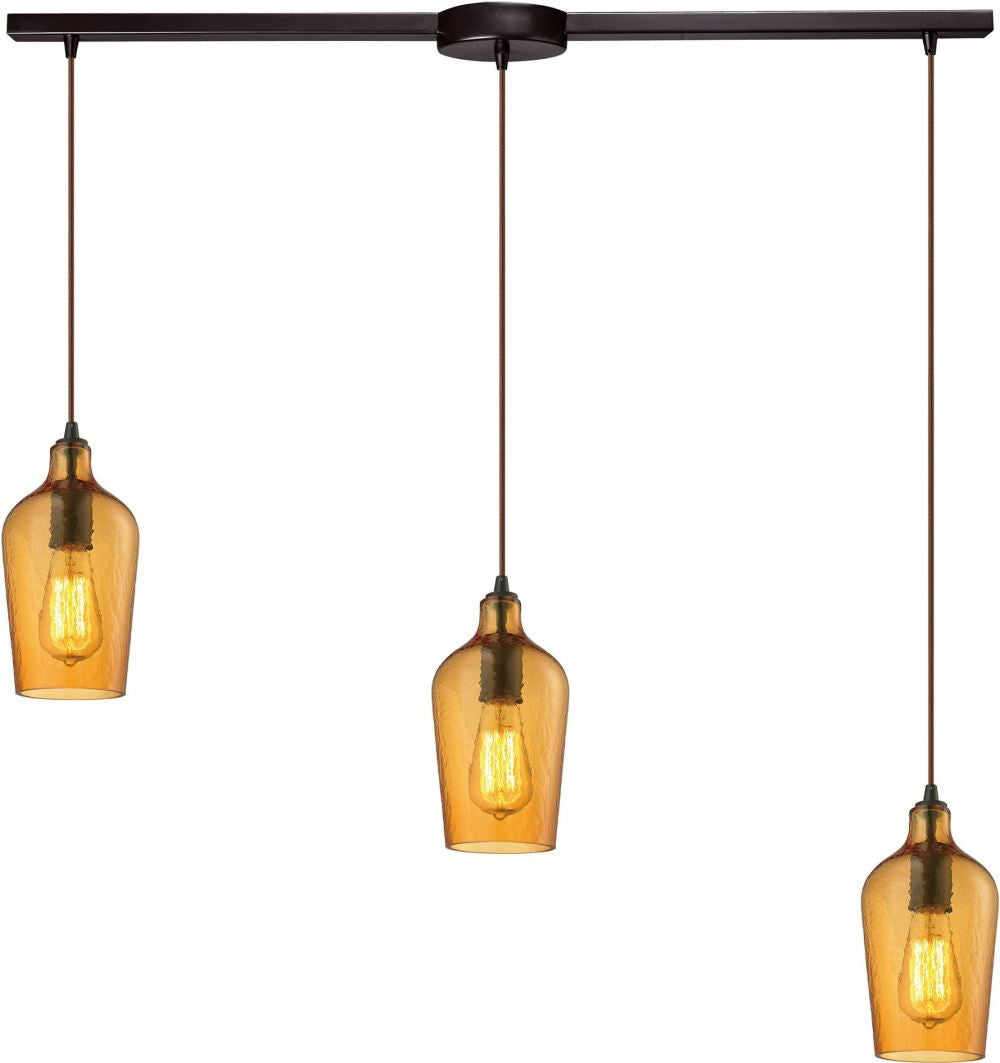 Hammered Glass 3 Light Pendant In Oil Rubbed Bronze and Amber Glass