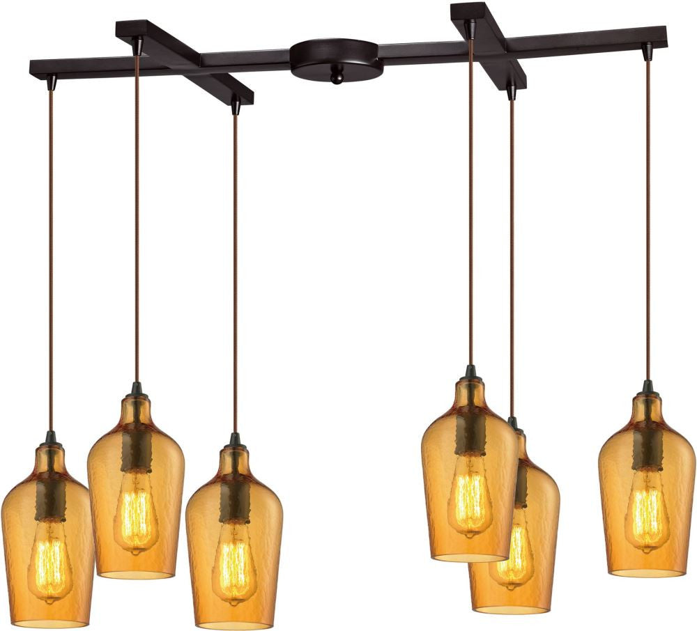 Hammered Glass 6 Light Pendant In Oil Rubbed Bronze and Amber Glass