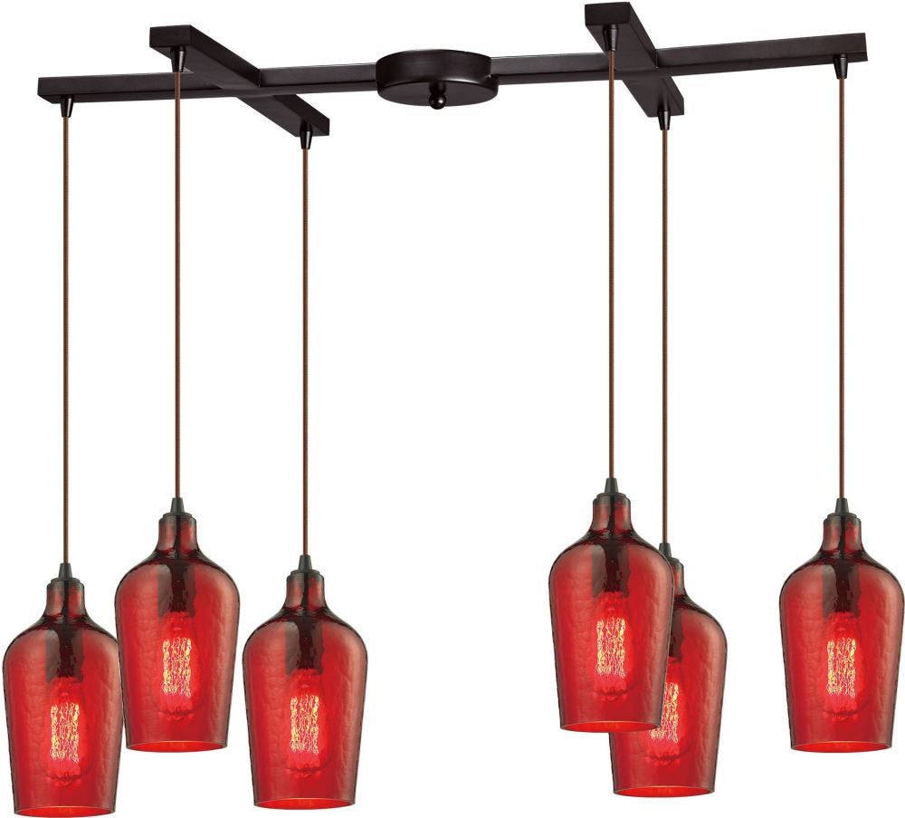 Hammered Glass 6 Light Pendant In Oil Rubbed Bronze and Red Glass