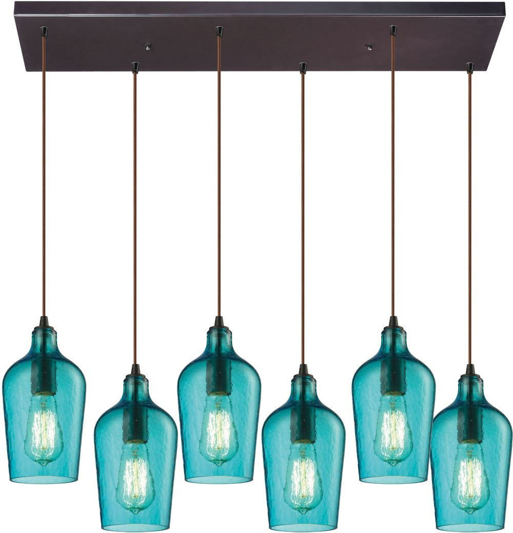 Hammered Glass 6 Light Pendant In Oil Rubbed Bronze and Aqua Glass