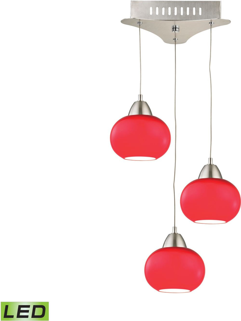 Ciotola 3 Light Led Pendant In Satin Nickel With Red Glass