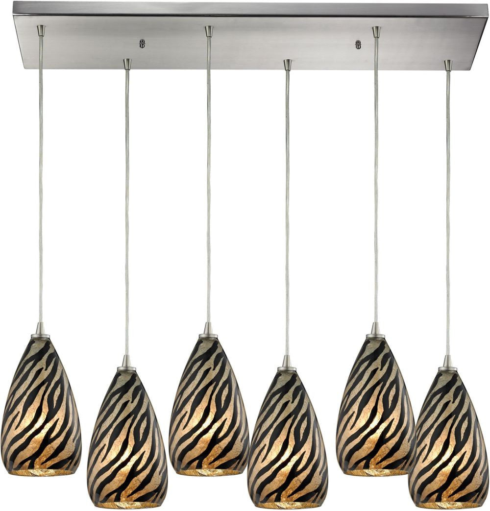 Predator 6 Light Pendant In Satin Nickel and Leopard Glass