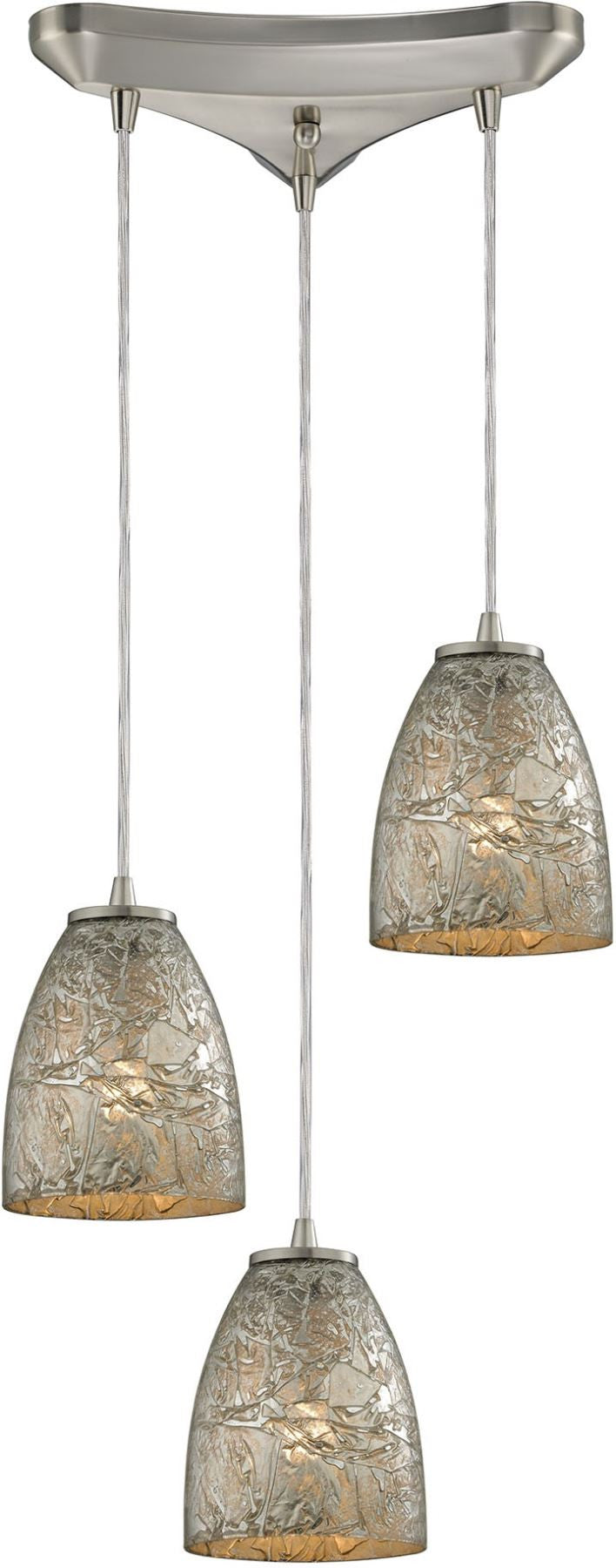 Fissure 3 Light Pendant In Satin Nickel and Silver Glass