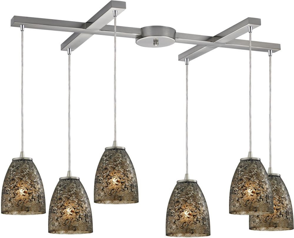 Fissure 6 Light Pendant In Satin Nickel and Smoke Glass
